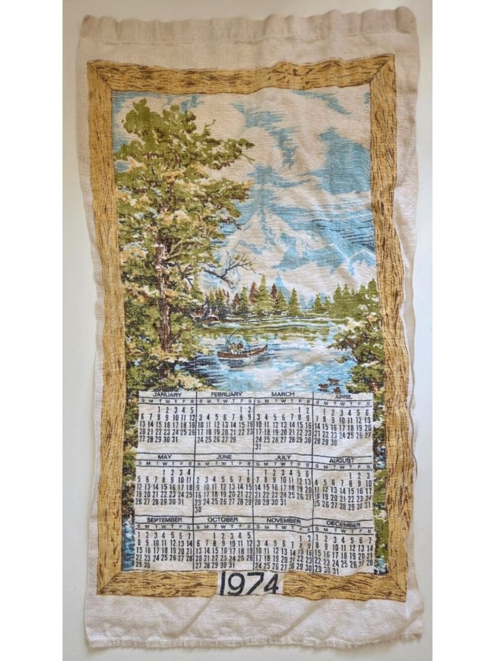 Vtg Linen Calendar Tea Towel 1974 Mountain Lake Scene Wall Hanging Cottage Core